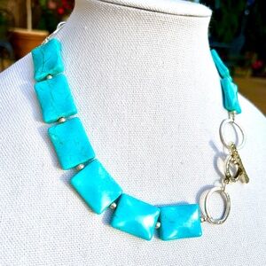 Reconstituted Rectangul Turquoise Bead Necklace With Silver Tone Toggle